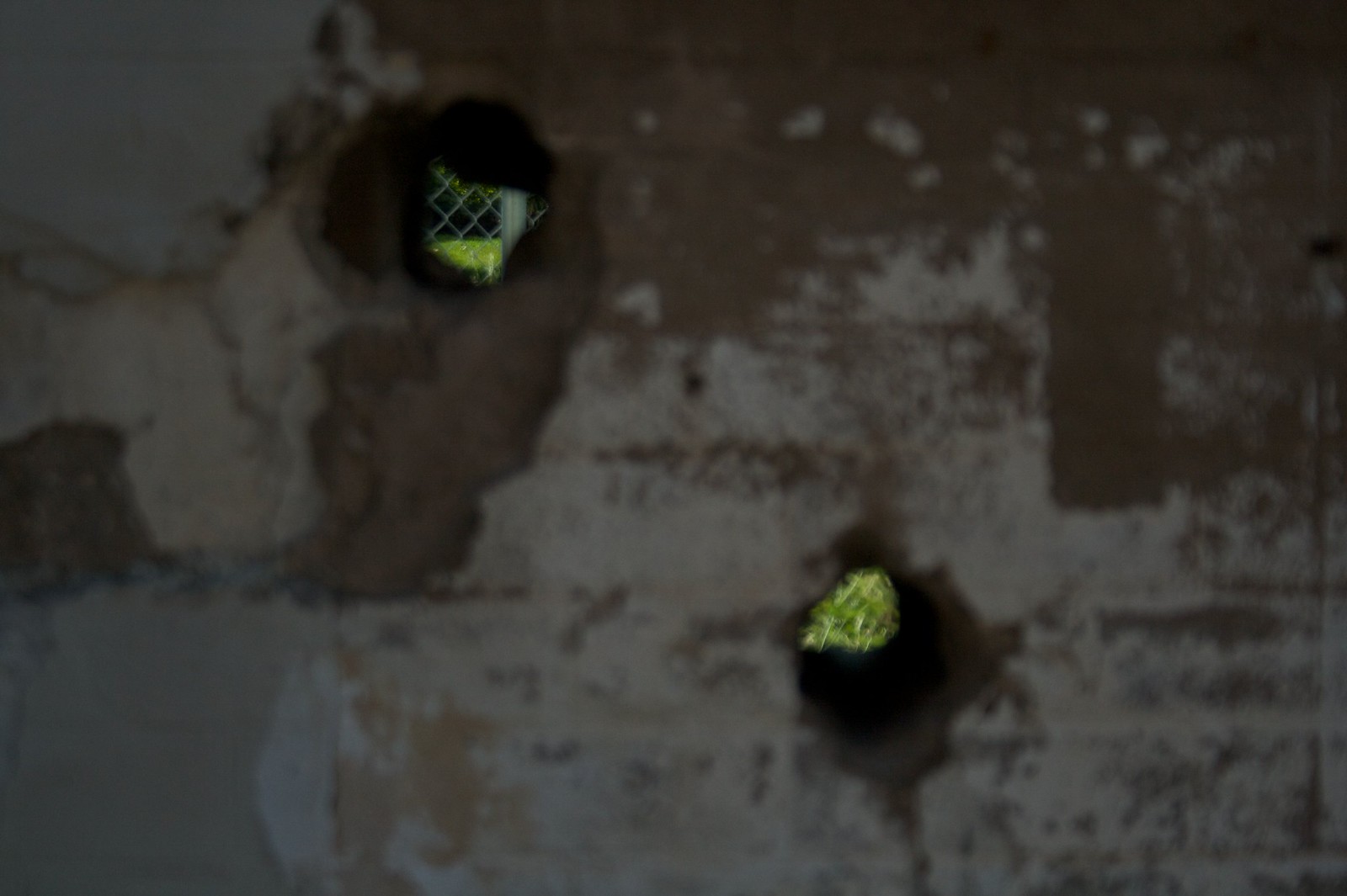 Two holes broken through a crumbling concrete wall reveal green grass and a chain-link fence outside.
