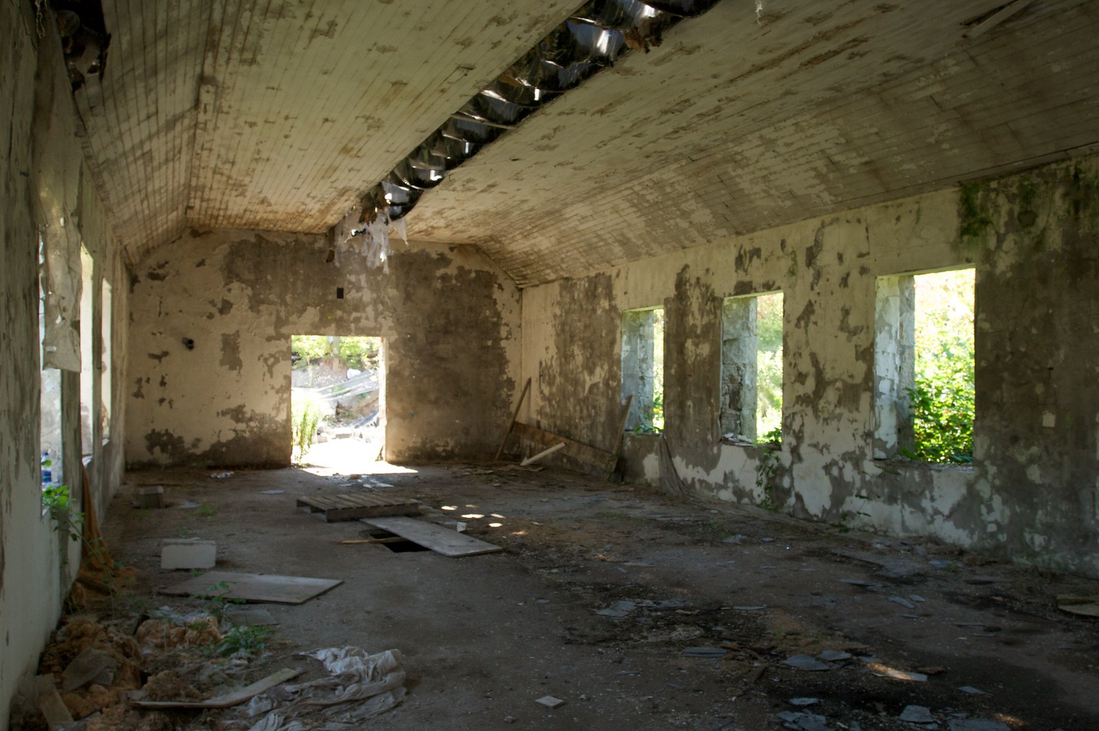 Interior of an abandoned building with peeling walls, glassless windows, a debris-strewn floor, and a doorway to greenery.