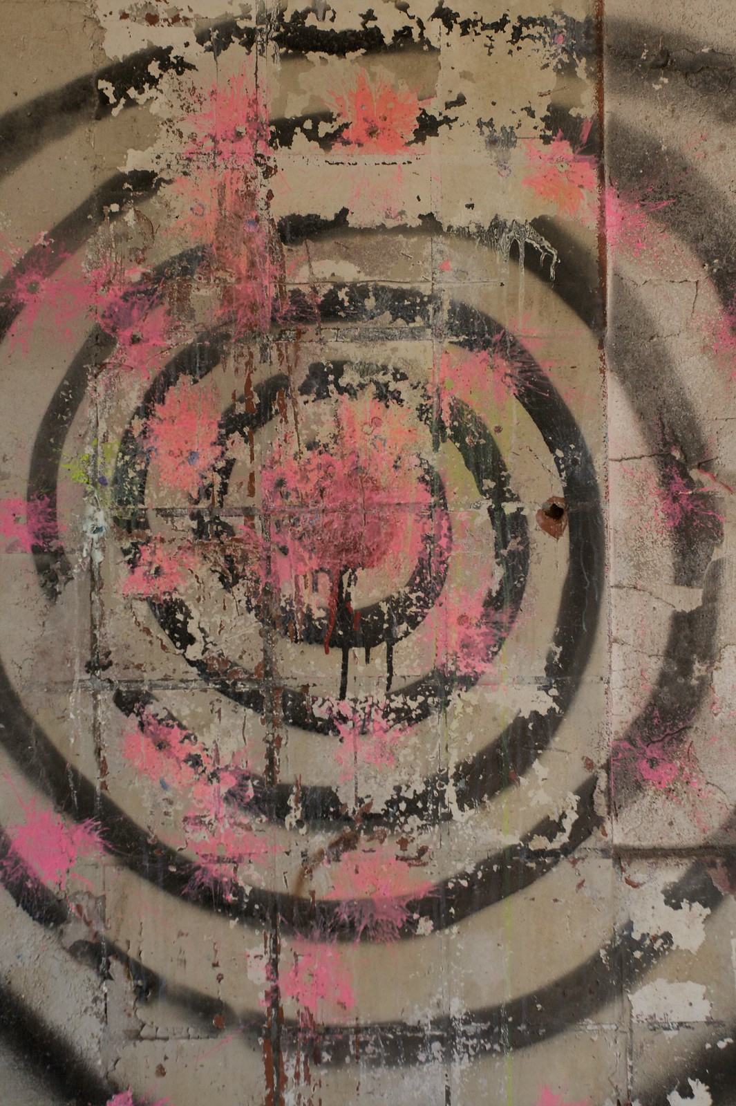 A black bullseye target spray-painted on a weathered concrete wall, spattered with pink paint.