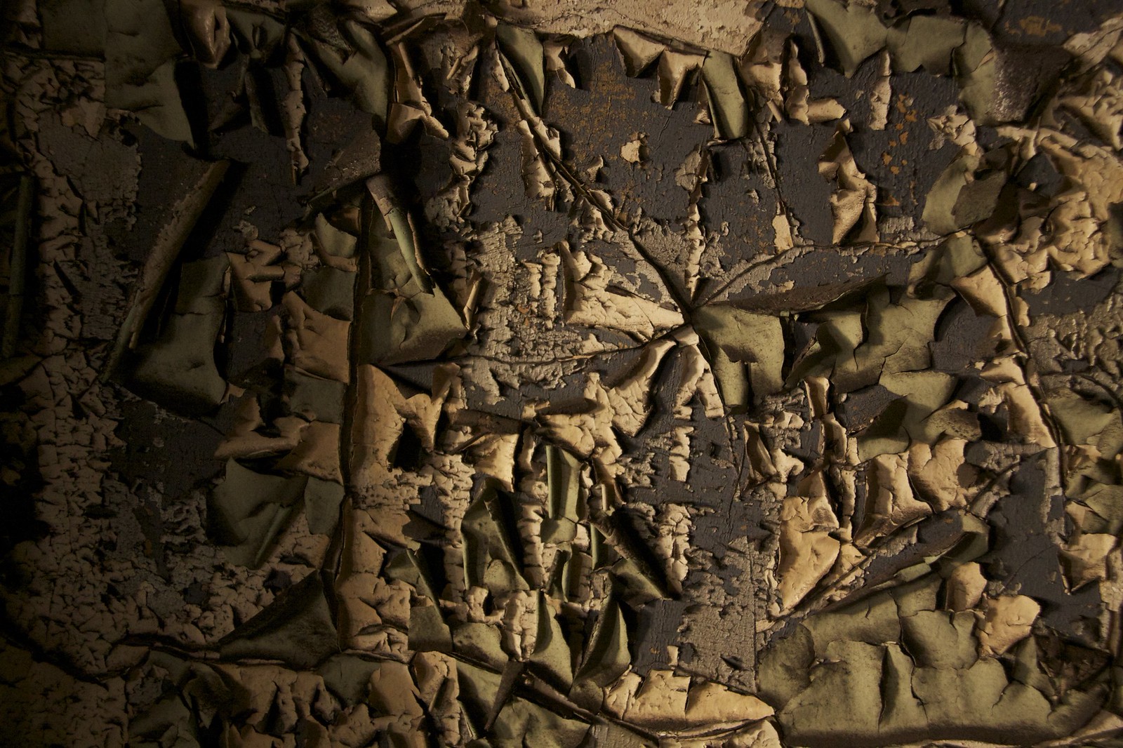 Close-up of green paint peeling and curling off a rusted metal wall in the abandoned Bethlehem Steel office.