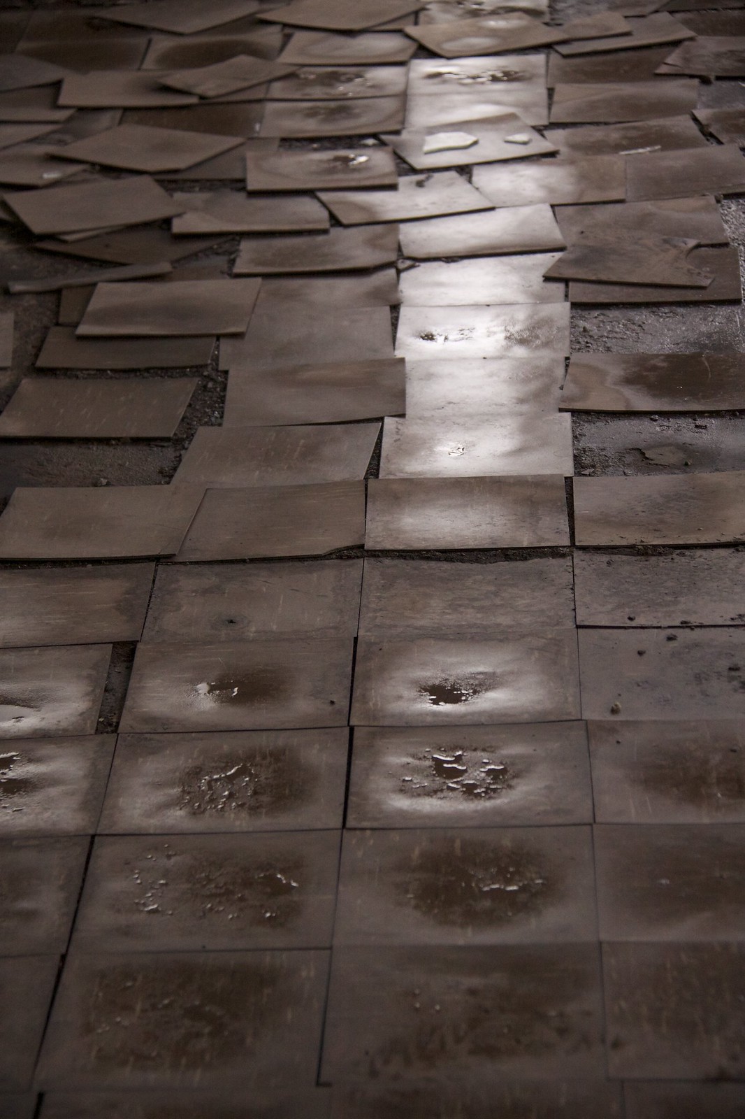 Weathered metal floor tiles scattered across an abandoned industrial space, one catching a bright shaft of light.