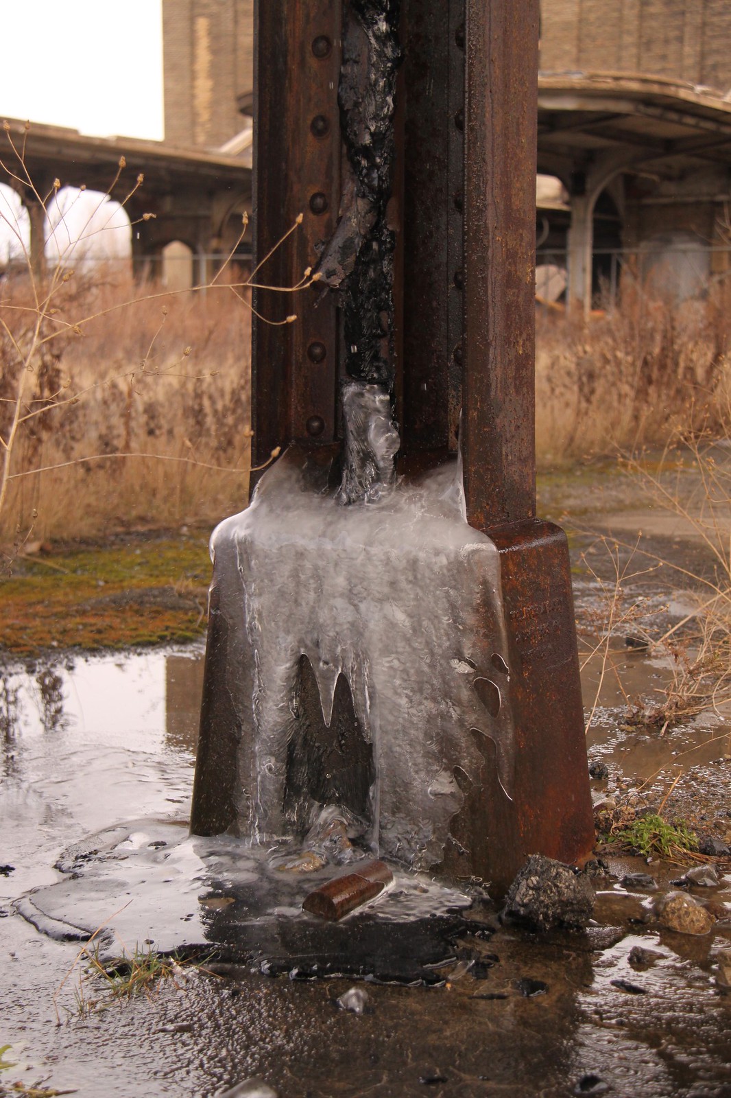 Ice cascades down a rusted steel column base at the abandoned Buffalo Central Terminal, surrounded by dry grass.