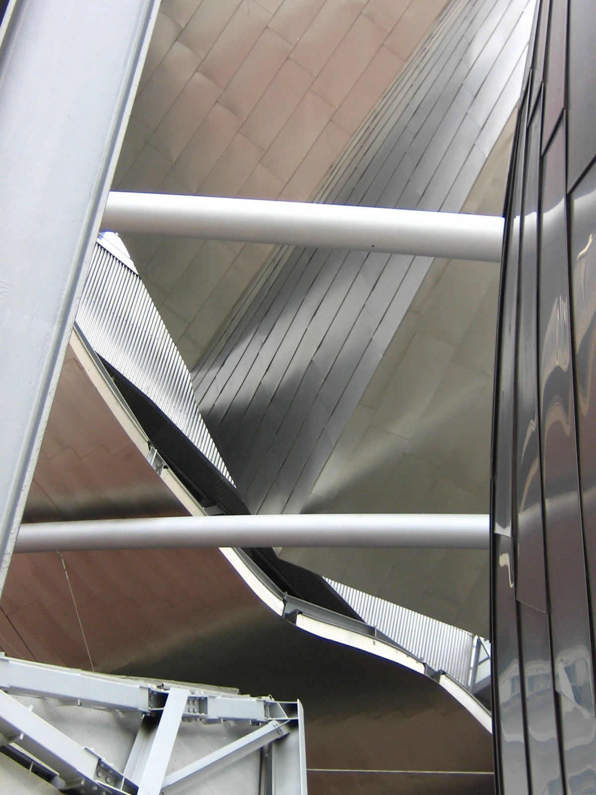 Curving stainless steel and titanium panels braced by tubular struts on a Frank Gehry building's undulating facade.