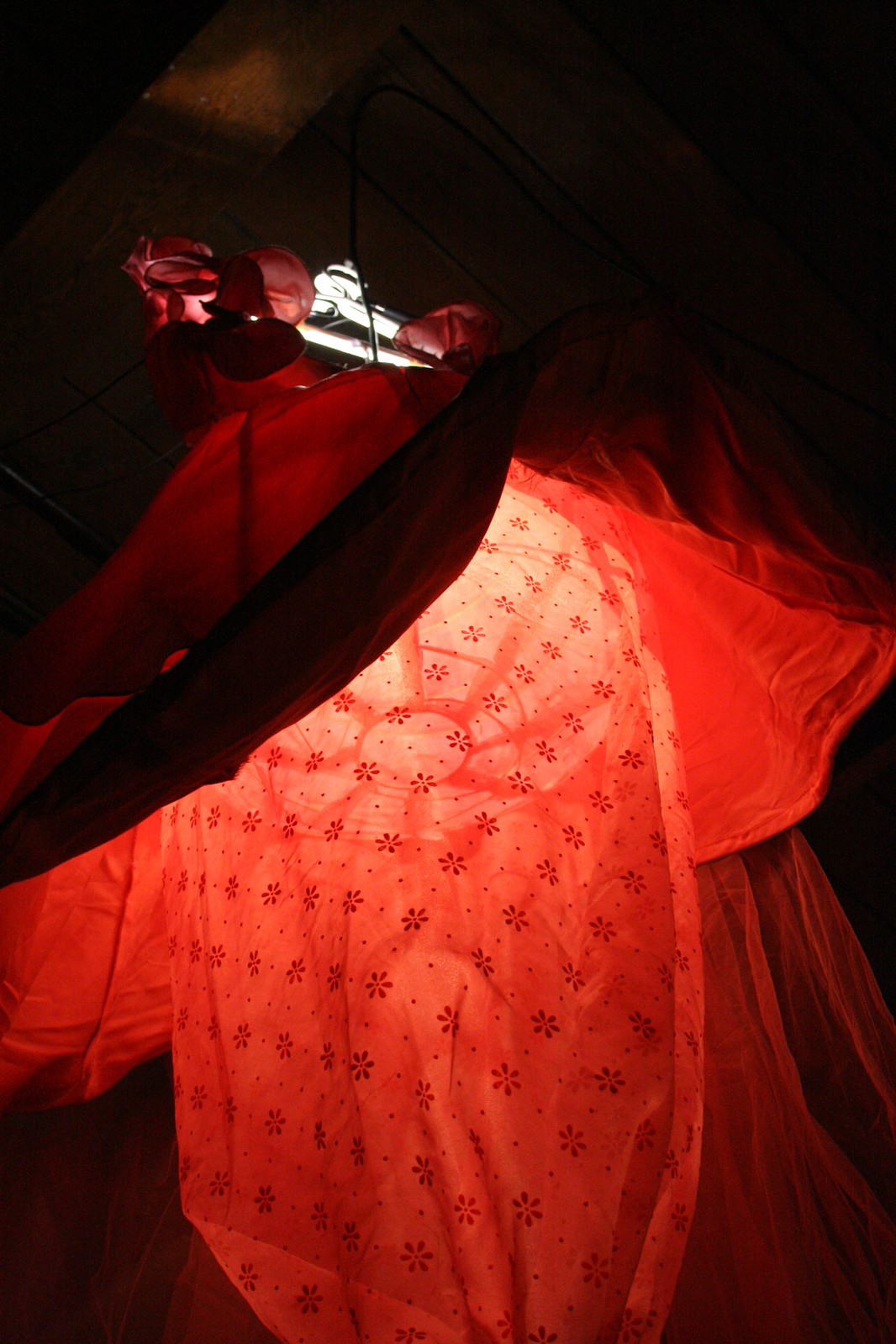 Backlit sheer floral-dotted fabric glows red beneath draped black cloth, with rose forms lit near the top.