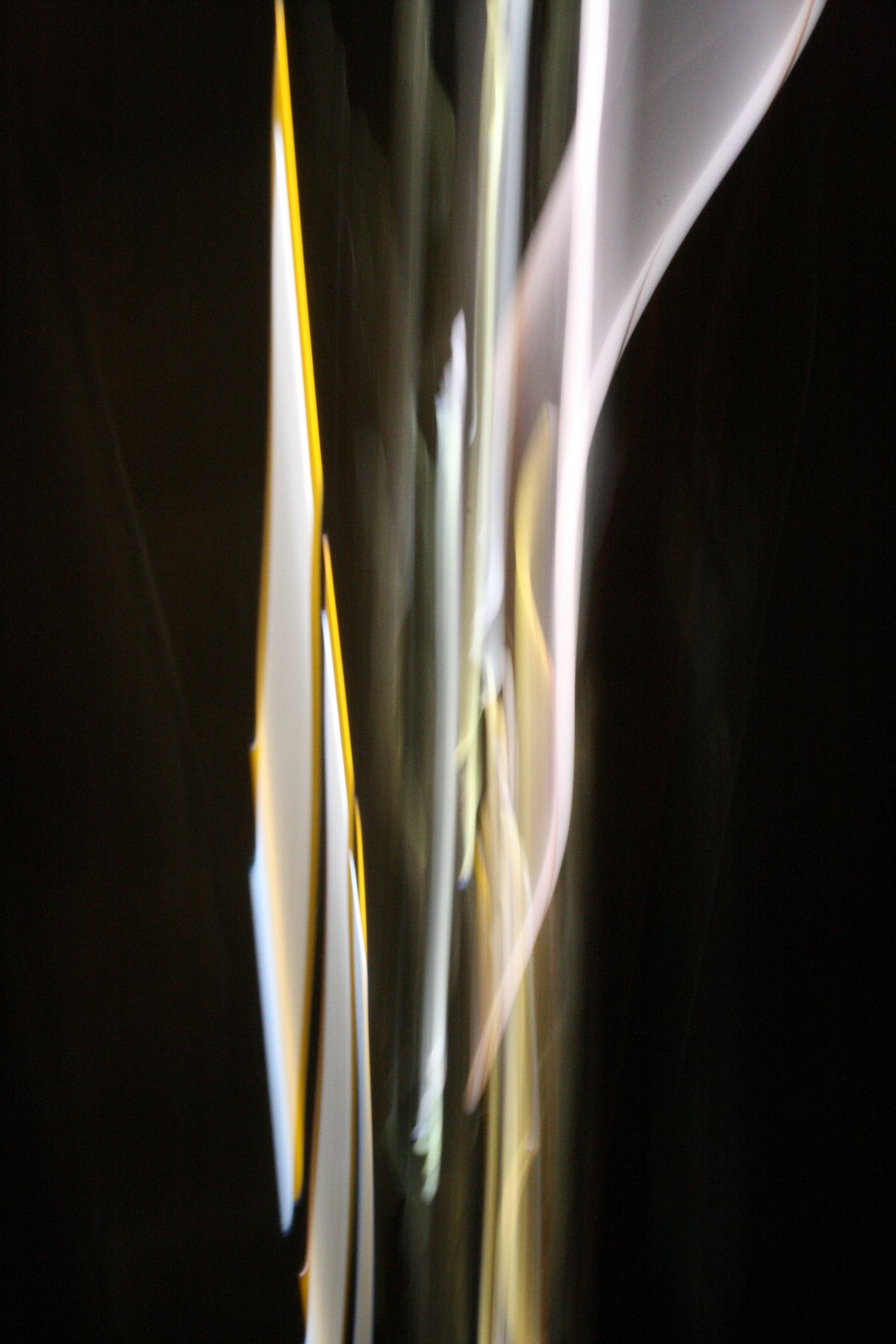 Abstract long-exposure light streaks of white, yellow, and green ribbons against a black background.