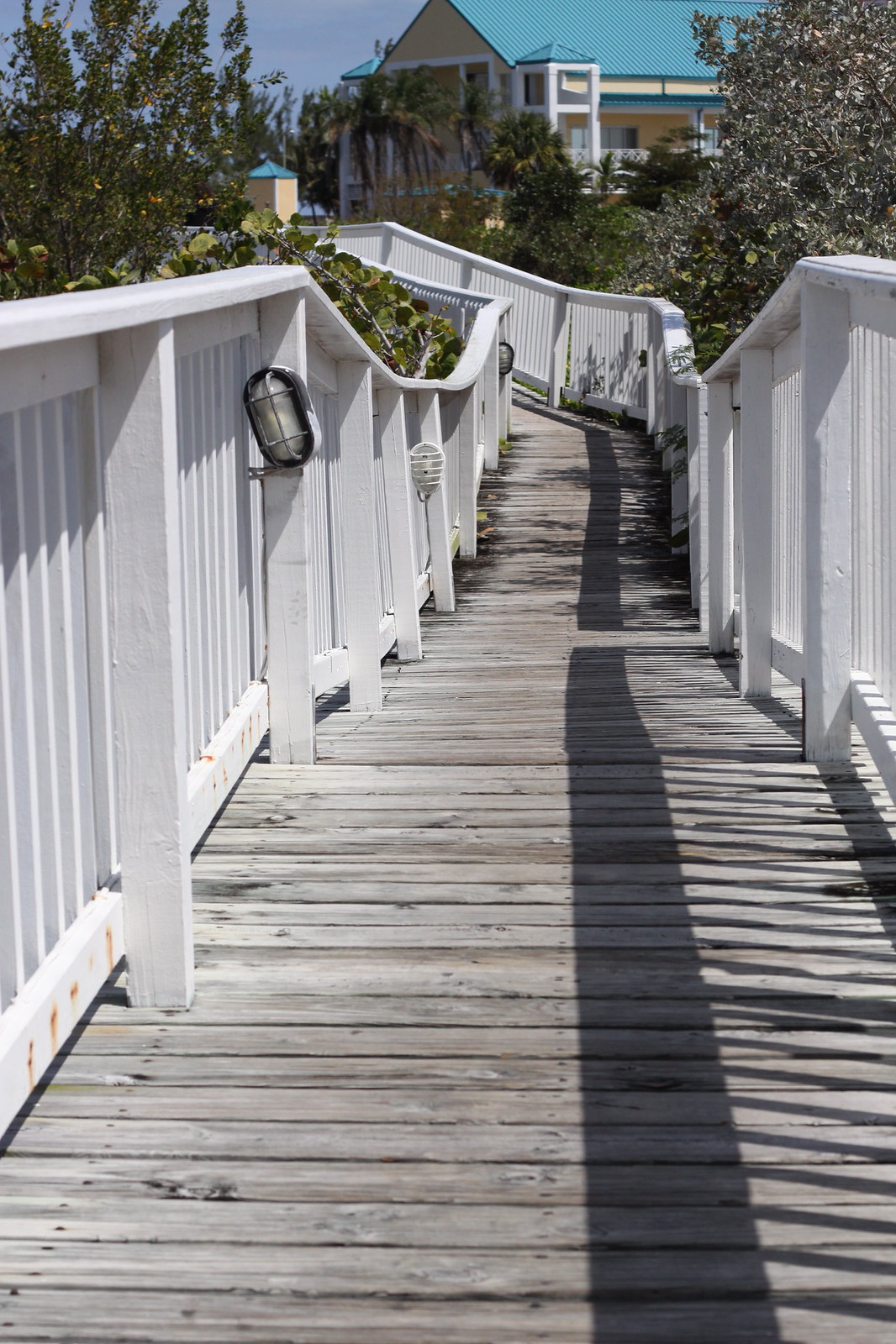 White-railed wooden boardwalk leading toward a yellow, turquoise-roofed beach house among palms.