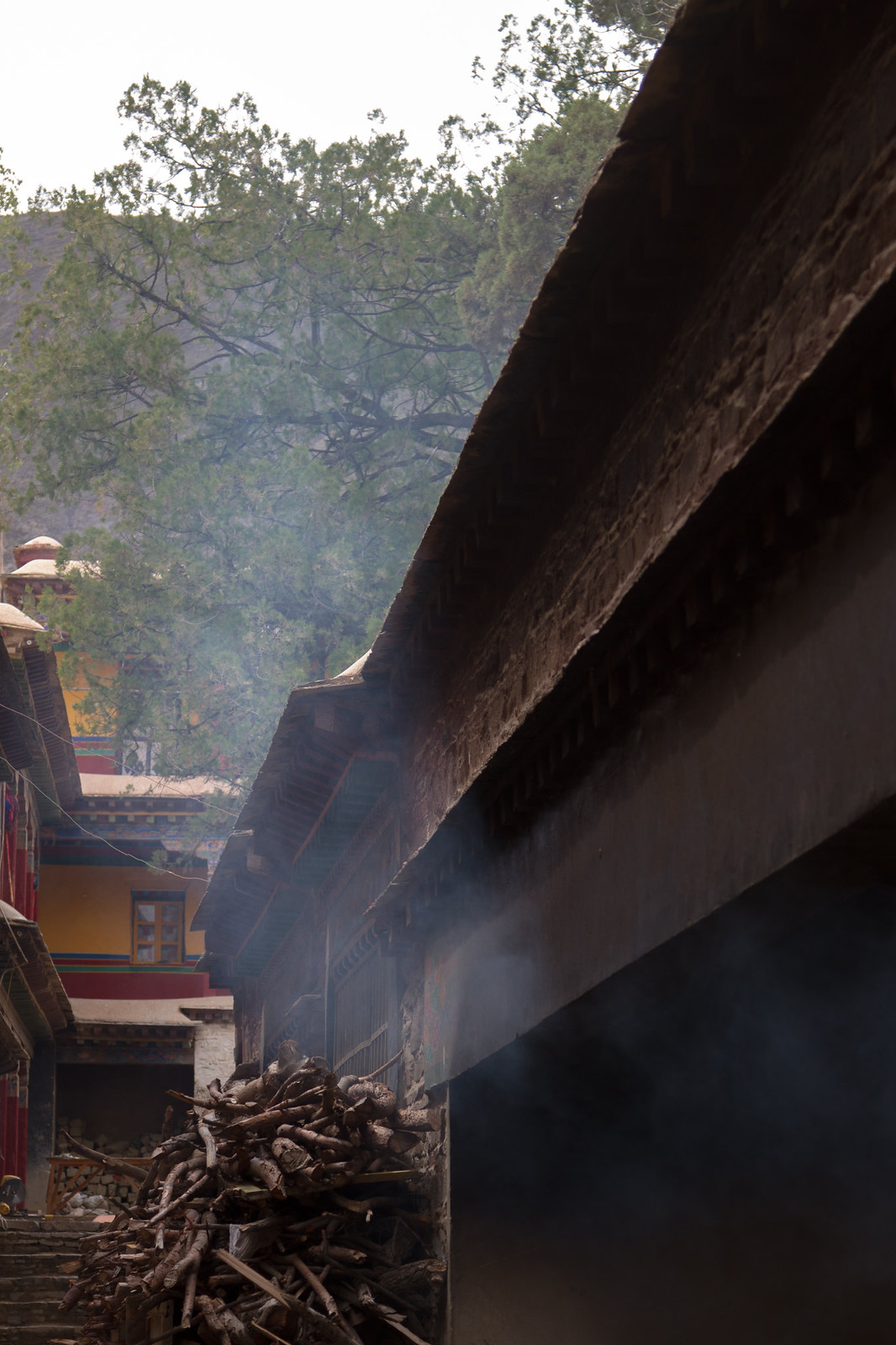 Smoke drifts past a Tibetan monastery's ornate wooden eaves, with a woodpile below and pine trees behind.