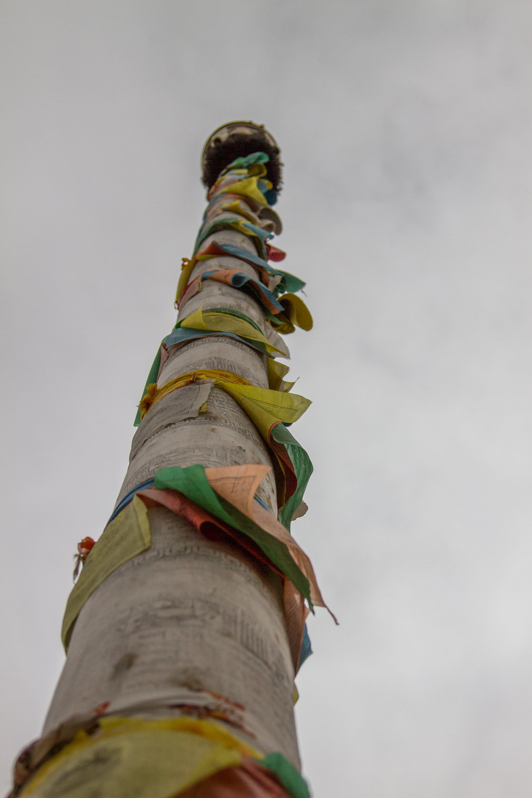 Colorful Tibetan prayer flags wound around a tall weathered wooden pole against an overcast sky.