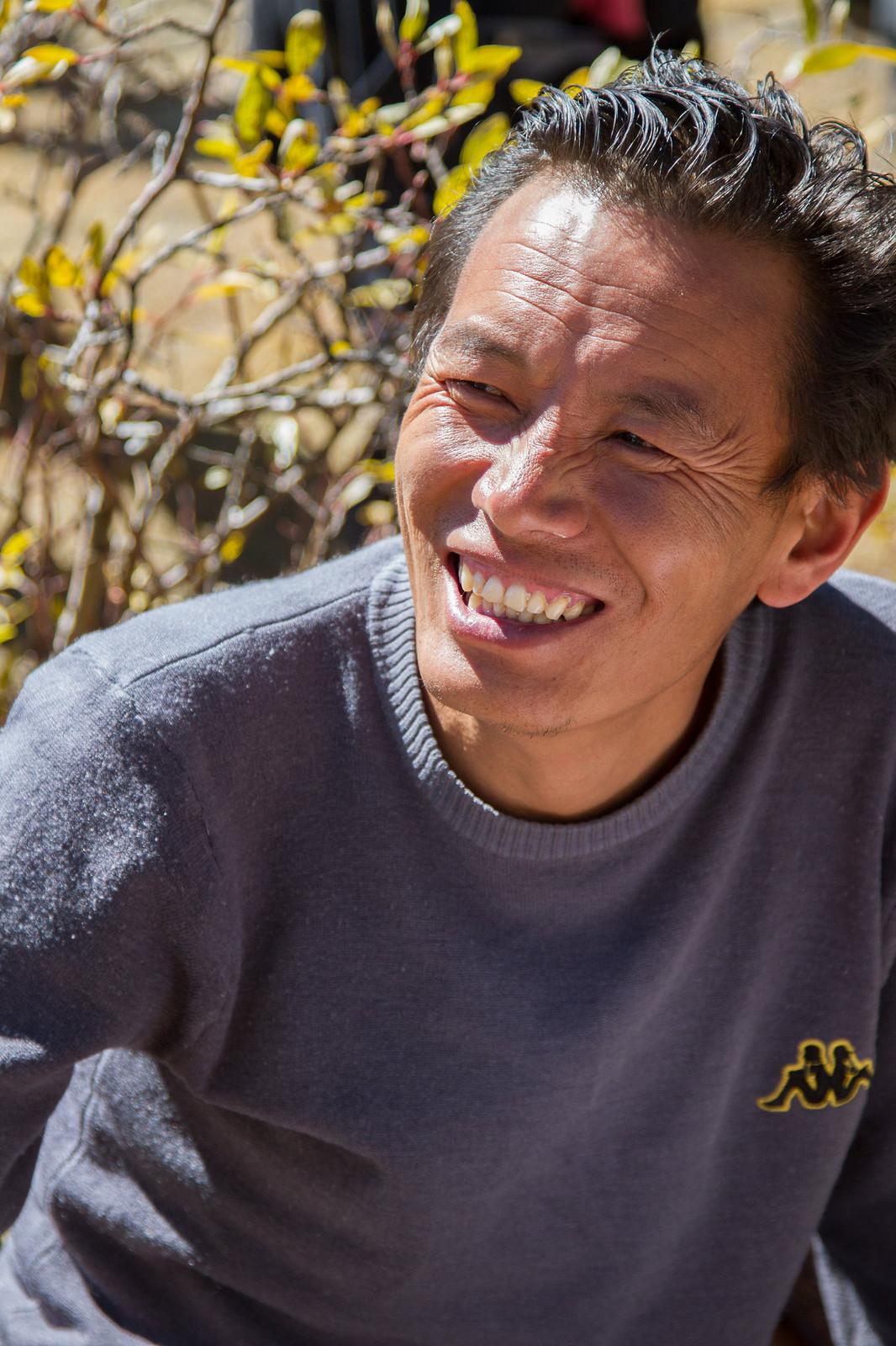 A man in a grey Kappa sweater laughs warmly in sunlight beside a budding shrub.
